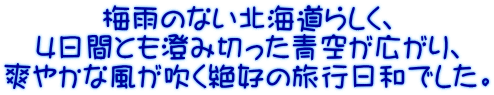梅雨のない北海道らしく、 4日間とも澄み切った青空が広がり、 爽やかな風が吹く絶好の旅行日和でした。